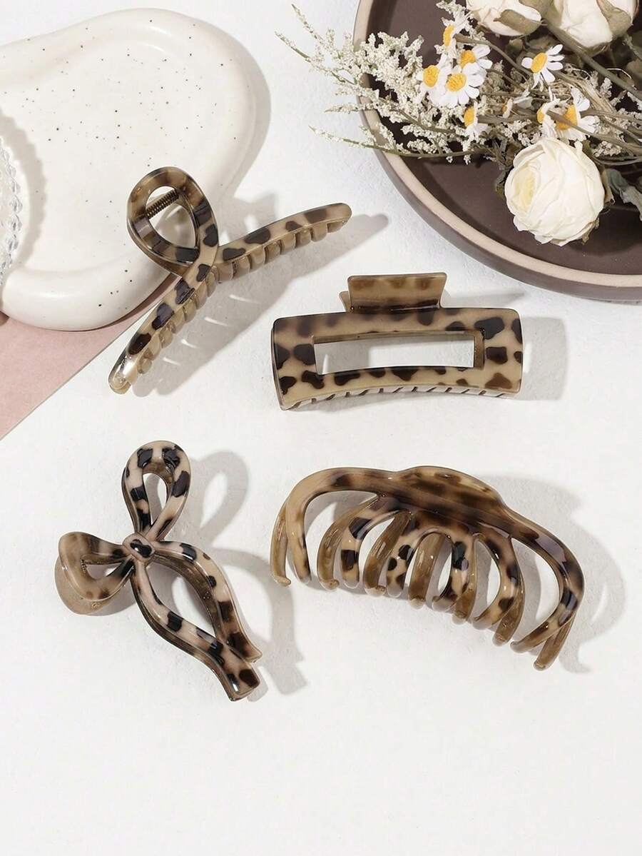 4pcs Leopard Print Hair Claw Clips, Glossy Minimalist Square Hair Clips Accessories For Daily & Casual Wear Hair Jaw Clip Hair Clamps Hair Clutch Hair Claw Clip, School Stuff, College Fall Winter Hair Accessories For Women For Vacation Outfits Woman Flower Hair Clip Casual ABS Animal Pattern Summer Outfits - Multicolor - View 1
