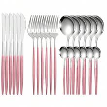 24pcs Pink Handle Stainless Steel Cutlery Set, Modern Tableware Set For 6 People, Including Steak Knife Fork Spoon, Suitable For Household Daily Use, Parties, Weddings - Pink Silver - View 1