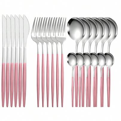 24 pièces Set de couverts avec manche rose, Ensemble de couverts en acier inoxydable pour 6 personnes, Couverts modernes, Comprend couteau à steak, fourchette, cuillère, Parfait pour la maison, les fêtes et les mariages