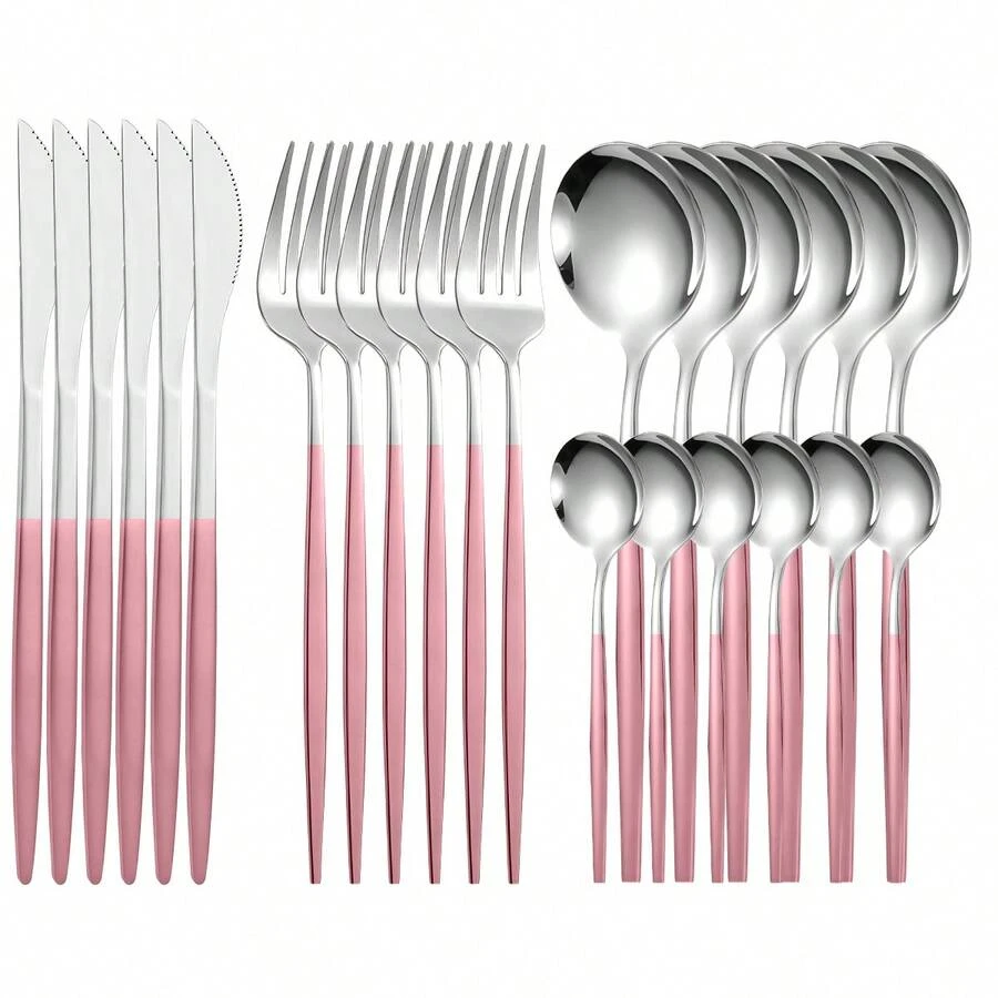 24pcs Pink Handle Stainless Steel Cutlery Set, Modern Tableware Set For 6 People, Including Steak Knife Fork Spoon, Suitable For Household Daily Use, Parties, Weddings - Pink Silver - View 1