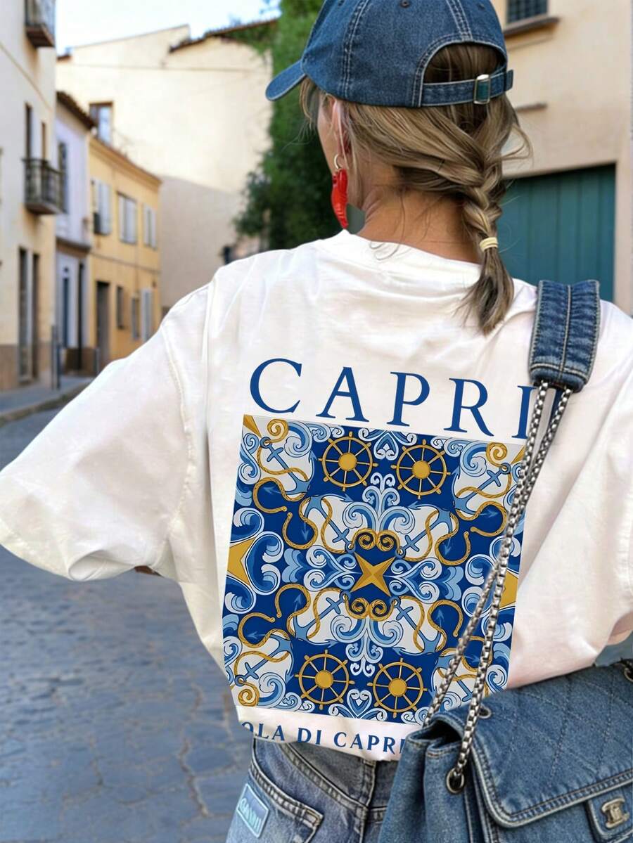 Áo thun trắng tay ngắn cổ tròn in họa tiết phong cách Ý tối giản mùa hè mới, thời trang đa năng, thích hợp mặc thường ngày cho nữ. - trắng - Xem 1