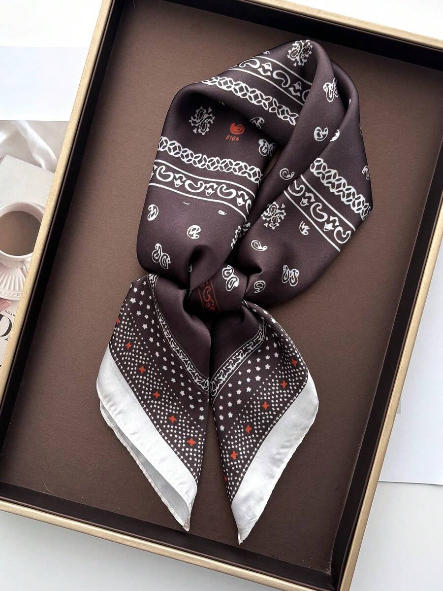 1条70*70厘米方形印花真丝围巾，时尚女士真丝头巾 - 鏽棕色 - 查看 1