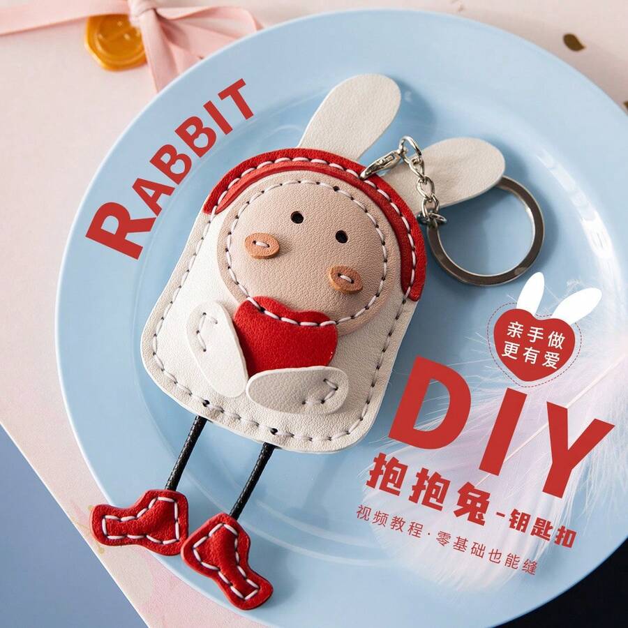 DIY Cute Rabbit Leather Keychain Kit, Pre-Punched Craft Set For Beginners, Rabbit Pendant With Heart Decor, Car Key Chain Bag Charm, Complete Tool Set Included, Ideal For Valentine's Day Gift And Daily Decoration. (This Is A Material Package, Not A Finished Product, Requires Hand-Stitching. Please Watch The Video Tutorial In The Main Image At A Slow Speed.)