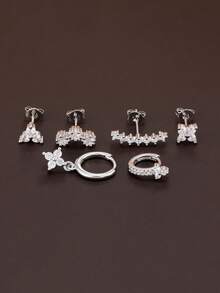 6Pcs Elegance Geometry Stud Earrings For Women Fashion Flower Star Petal Cartilage Hoop Earring Piercing Ear Jewelry Suitable For Holiday Parties, Fashion Accessories - Silver - View 4