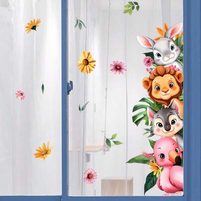 Hình dán cửa sổ và tường tự dính hình thỏ, sư tử, sóc, vẹt dễ thương mùa hè, thích hợp cho phòng khách, phòng ngủ, trường học, văn phòng và phòng tắm.
