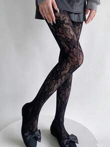 2 Colors Available Vintage Lace Stockings, French Style Floral Net Pantyhose - Multicolor - View 10