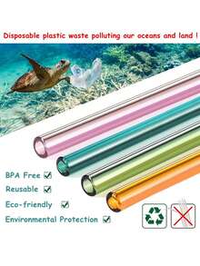 6支玻璃吸管配1个吸管清洁刷，可重复使用弯曲彩色玻璃吸管，8英寸x8毫米防碎可爱饮用吸管，配1个清洁刷，适用于咖啡、果汁、鸡尾酒、茶、饮料 - 彩色 - 查看 4