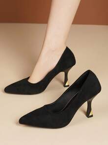 2026 Spring/Autumn Student Etiquette High Heel Shoes, Comfortable Suede Pointed Toe Mid Heel Black Work Pumps For Women - Black - View 3