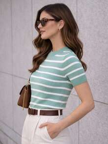 Women's Striped Modal Knit Blouse With Short Sleeves - 2026  - Versatile, Modern, Premium - Green Striped - View 3