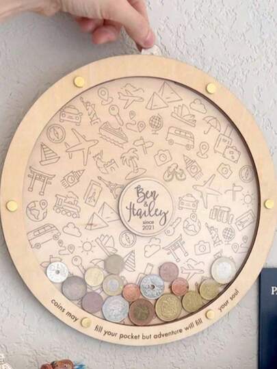 1pc Personalized Wooden Coin Purse - Ideal Gift For Travelers, Large Round Piggy Bank, Unique Design, Great For Home Decor And Collecting Memories