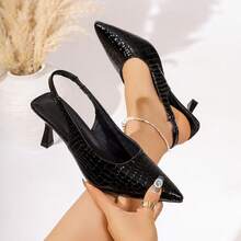 Giày cao gót mũi nhọn cài nút bằng da màu đen bóng, hở mũi, thời trang nữ Xuân/Hè 2026, kiểu dáng thanh lịch và thường ngày. - màu đen - Xem 1