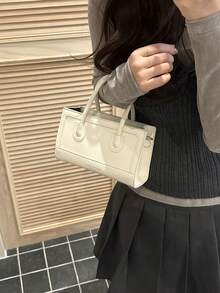 纯色简约奢华压纹手提包，时尚度假校园风单肩斜挎包，女士 - 白色 - 查看 8