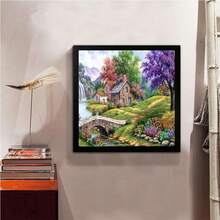 1 Set de Kit de Pintura de Diamantes sin Marco, Escenario Campestre Tranquilo con Encantadora Cabaña, Flores Vibrantes y Río, Adecuado para Decoración de Dormitorio, Sala de Estar, Oficina o Cocina, Decoración Mural Exterior, Técnica de Diamante Redondo Completo para Principiantes Adultos - Sin marco - Ver 11