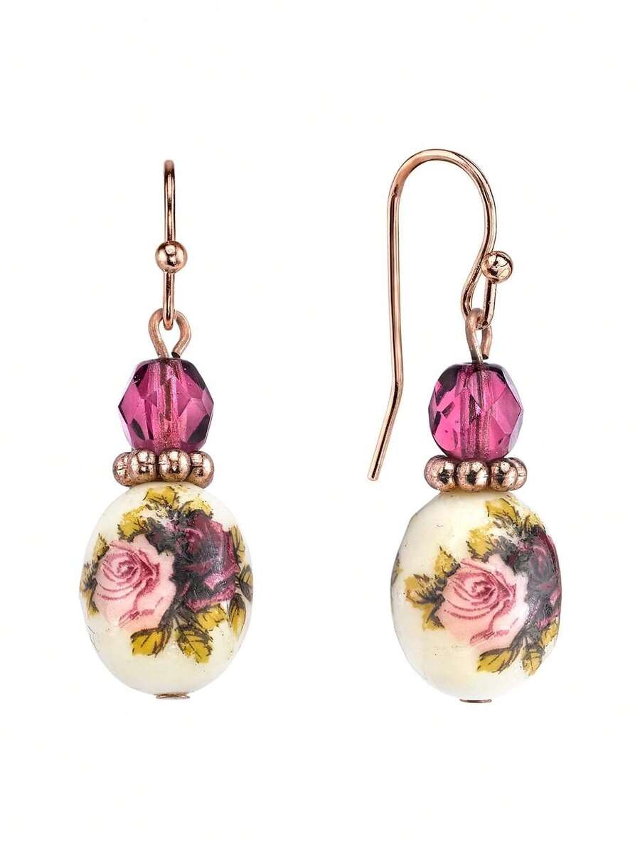 1928 Jewelry Rose Purple Crtal Bead Flower Drop & Dangle Earrings,44294908 - Màu Đỏ Sâu - Xem 1