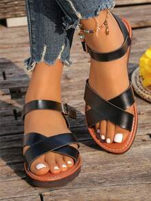 超宽超大夏季新款时尚凉鞋，厚底百搭交叉复古休闲罗马凉鞋 - 黑色 - 查看 4