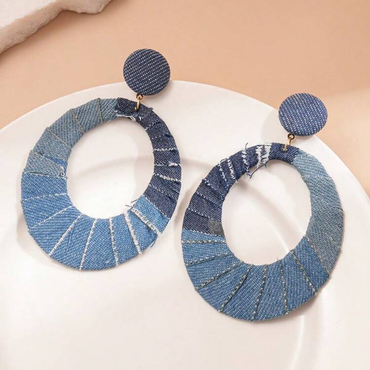1 Đôi bông tai phong cách cao bồi miền Tây/Thời trang thường ngày phóng khoáng/Bông tai cao bồi hình bầu dục thủ công/Thích hợp để đeo hàng ngày hoặc dự tiệc/Quà tặng bông tai cho phụ nữ - Màu denim-A - Xem 3
