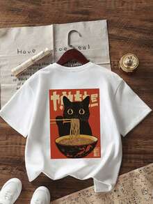 复古卡通猫吃面条印花T恤，面料柔软舒适，适合男孩户外运动、日常穿着、街头风、校园风，春夏时尚休闲上衣。 - 白色 - 查看 2
