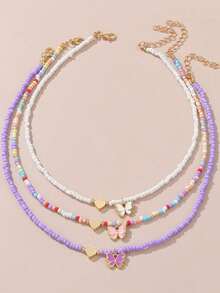 Conjunto de 3 collares hechos a mano con cuentas de arroz estilo bohemio, diseño de corazón blanco, joyería colorida para niñas - Multicolor - Ver 8