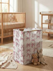 大容量可折叠洗衣篮，蝴蝶结图案，木质手柄，多用途，适用于浴室、婴儿房、脏衣服、玩具和家居收纳 - 彩色 - 查看 7