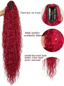 36 Inch Long Lightweight Fully Natural Curly Ponytail Braid, Black Color Synthetic Hair Extension Multilayer Soft Drawstring Ponytail Hairpiece For Women - Red - View 3