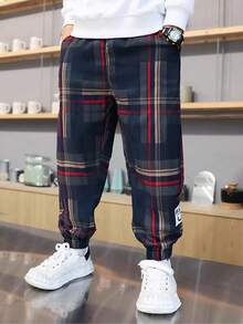 Tween Boys Loose Plaid Casual Pants - Burgundy - View 2