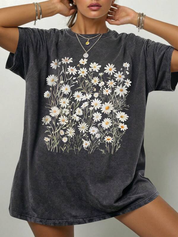 Plus Size Women's Daisy Print Short Sleeve Stretchy T-Shirt, Regular Fit Casual Summer