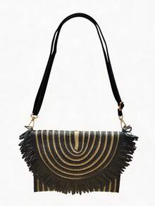 BAILEE 这款时尚休闲的波西米亚风黑色纸编手提包，采用独特的黑金撞色设计，配有可拆卸肩带。包包可容纳手机、钱包及其他物品。这款带有流苏装饰的包包，是海滨度假的理想之选，可手提、单肩背或手提。非常适合户外度假、海滩之旅、观光、购物和日常通勤。也是馈赠亲朋好友的绝佳礼物。 - 彩色 - 查看 8