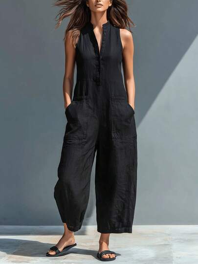 Women's Elegant Minimalist Black Sleeveless Jumpsuit - -Neck Wide-Leg Pants Suit With Pocketed Stand Collar, Linen Texture Blouse, Machine Washable Spring/Summer Commute & Casual Outfits For, Office, Casual Attire (No)