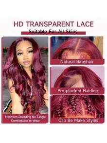 蕾丝前假发，真人混纺发，自然波浪，预先拔毛，无胶，200密度，女士真人混纺假发，预先拔毛，13x4高清蕾丝前假发，无胶，自然黑 - SBUG - 查看 6