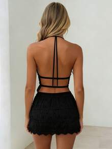 Women's 2 Piece Outfits Smocked Mini Skirt Set Casual Sleeveless Backless Smocked Halter Neck Tie Up Crop Top + Bodycon Short Mini Skirt Set Cocktail Party Beach Dress - 深灰色 - 查看 7