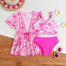 女童夏季沙滩扎染印花泳衣套装，含和服罩衫 - 彩色 - 查看 1