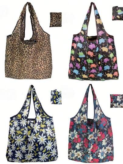 Waterproof Printed Foldable Shopping Bag, Nylon Material, Large Capacity, Lightweight & Portable, Reusable, Durable Medium Tote Bag