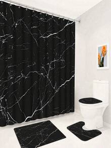 Bộ 4 món đơn giản, sang trọng, họa tiết vân đá cẩm thạch, gồm rèm tắm, thảm tắm, thảm chữ U và tấm phủ bồn cầu, 12 móc nhựa, kích thước 71*71 inch. - A - Xem 14