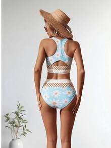 New Women's Macaron Color Daisy Checkerboard Sports Swimsuit Two-Piece Set - Màu xanh nhạt - Xem 2