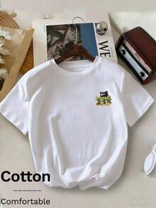 2026 Women's Solid Color Round Neck Short-Sleeved T-Shirt, Super Loose Fit, 100% Cotton, Soft And Comfortable, Everyday Casual, Streetwear, With A Cheerful Floral And Sun Pattern - 銀行 4 - 查看 7