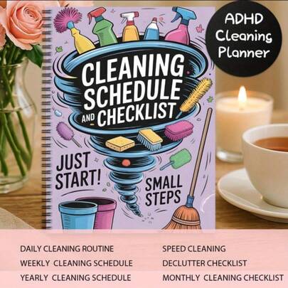 Sổ kế hoạch dọn dẹp nhà cửa cho người mắc ADHD: Sổ tay lò xo ghi lịch trình và danh sách việc cần làm. Thiết kế tạo động lực với thông điệp "Những bước nhỏ và hãy bắt đầu ngay". Danh sách việc cần làm hàng ngày/hàng tuần/hàng tháng/hàng năm, dọn dẹp nhanh và sắp xếp lại đồ đạc. Sổ tổ chức việc nhà cho người mắc ADHD, người thích dọn dẹp và người bận rộn. Món quà lý tưởng để hỗ trợ người mắc ADHD và tổ chức nhà cửa.