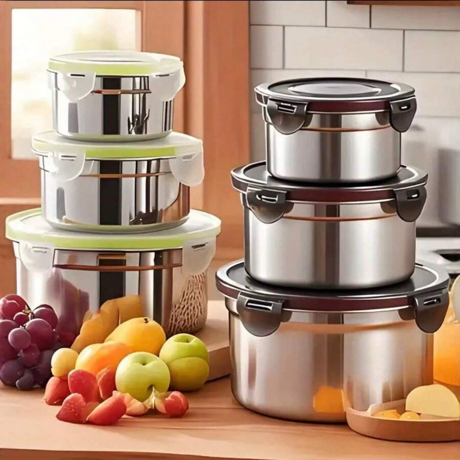 Korean Style 3-Piece Set: Stainless Steel Food Storage Containers, Refrigerator Airtight Boxes, Fruit Lunch Boxes - 優雅黑蓋 - 查看 1