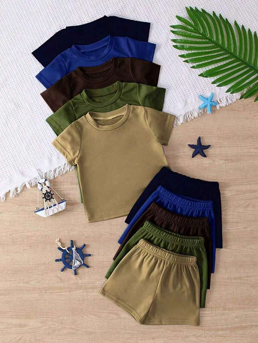 10pcs/Set Boys' Casual Colorful Knit Fabric T-Shirt And Matching Colorful Shorts Outdoor Suit, Spring/Summer - Multicolor - View 1