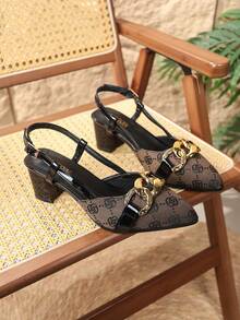 NANBEI ZUO New Spring/Summer Women's Dark Brown Random Print High Heel Pumps, Fashion Versatile Gold Chain Decor Adjustable Strap Design Pointed Toe Chunky Heel Sandals, Suitable For Commuting, Office, Valentine's Day Date, Mother's Day, Music Festival Gift - Dark Brown - View 3