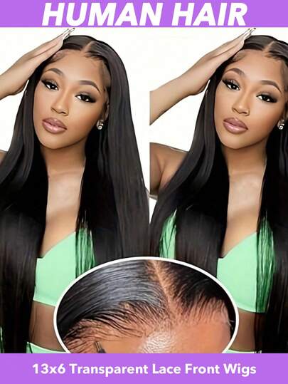13x6 直发蕾丝前假发，真人发，150 密度，透明蕾丝前额真人发假发，女士专用，预先拔毛，带婴儿发，自然波浪卷，13x6 蕾丝前额假发，超大分缝空间，所有肤色可选，8-30 英寸，自然黑