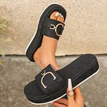 1 Pair Elegant Solid Color Fashion Fabric & Metal Chain Flat Slide Sandals, Suitable For Outdoor Wear In Spring And Autumn - Black - View 2