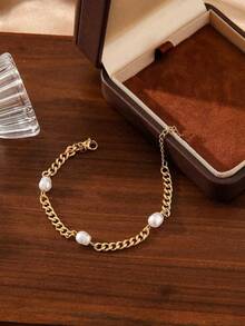 1条18K镀金不锈钢珍珠手链，时尚女式手链，适合派对、约会、办公场合佩戴 - 金黃色 - 查看 6