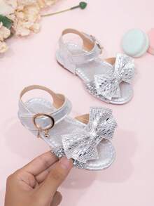 2026新款女童凉鞋，儿童公主鞋，镶钻蝴蝶结，小女孩学生沙滩鞋，夏季 - 銀色 - 查看 1
