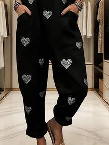 Rhinestone Heart All-Over Print Women's Adjustable Strap Jumpsuit, Polyester Fiber Fabric, Lightweight And Breathable, Women's Clothing, Standard Size Jumpsuit, Plus Size Women's Clothing, Plus Size Jumpsuit And Romper, Plus Size Jumpsuit - Nhiều màu - Xem 2