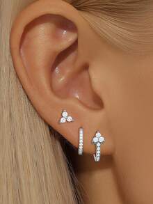 3 Pcs Exquisite Star Hoop Earrings Set For Women Gold Plated Cubic Zirconia Stud Earrings Set Wedding Party Jewelry Accessories - 3 Pcs/Set - View 2