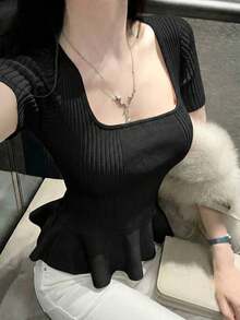 Áo dệt kim ôm dáng kiểu Hàn Quốc mùa Xuân/Hè mới, chất liệu lụa chiffon, viền bèo nhún, dành cho nữ. - màu đen - Xem 1