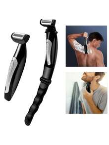 电动背部毛发修剪器，长柄设计，可拆卸手柄，男士背部剃毛器，高品质，背部理容，个人护理工具，符合人体工学的手柄，时尚修剪工具，精准，高品质刀片，USB充电，男士理容套装，家用理发工具，旅行理发套装 - 黑色 - 查看 2