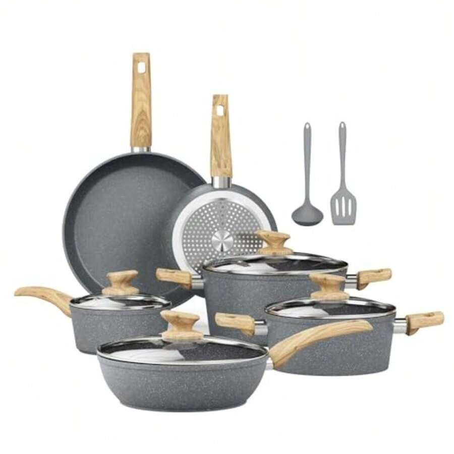 Kitchen Academy - Juego de utensilios de cocina de inducción - Juego de sartenes de cocina gris de 12 piezas juego de ollas y sartenes antiadherentes de granito - Ver 1