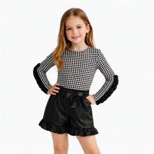 Conjunto Infantil Menina Estiloso Shorts Cirrê e Blusa Xadrez Infantil | 4 a 12 Anos - Xadrez Preto e Branco - Visão 2