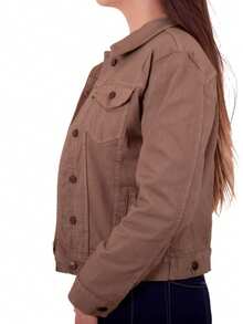 Chamarra Denim Jacket de Mezclilla Rígida con Bolsillos Casual Basica para Mujer - Camel - Ver 4